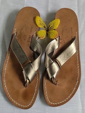 Cuccurullo Moda Capri Metallic Leather Toe-Loop Sandals Sz 10/10.5